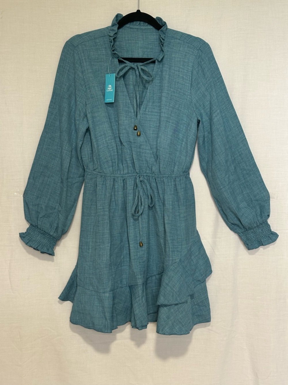 Cupshe Teal Long Sleeve Ruffle Tie Waist Dress